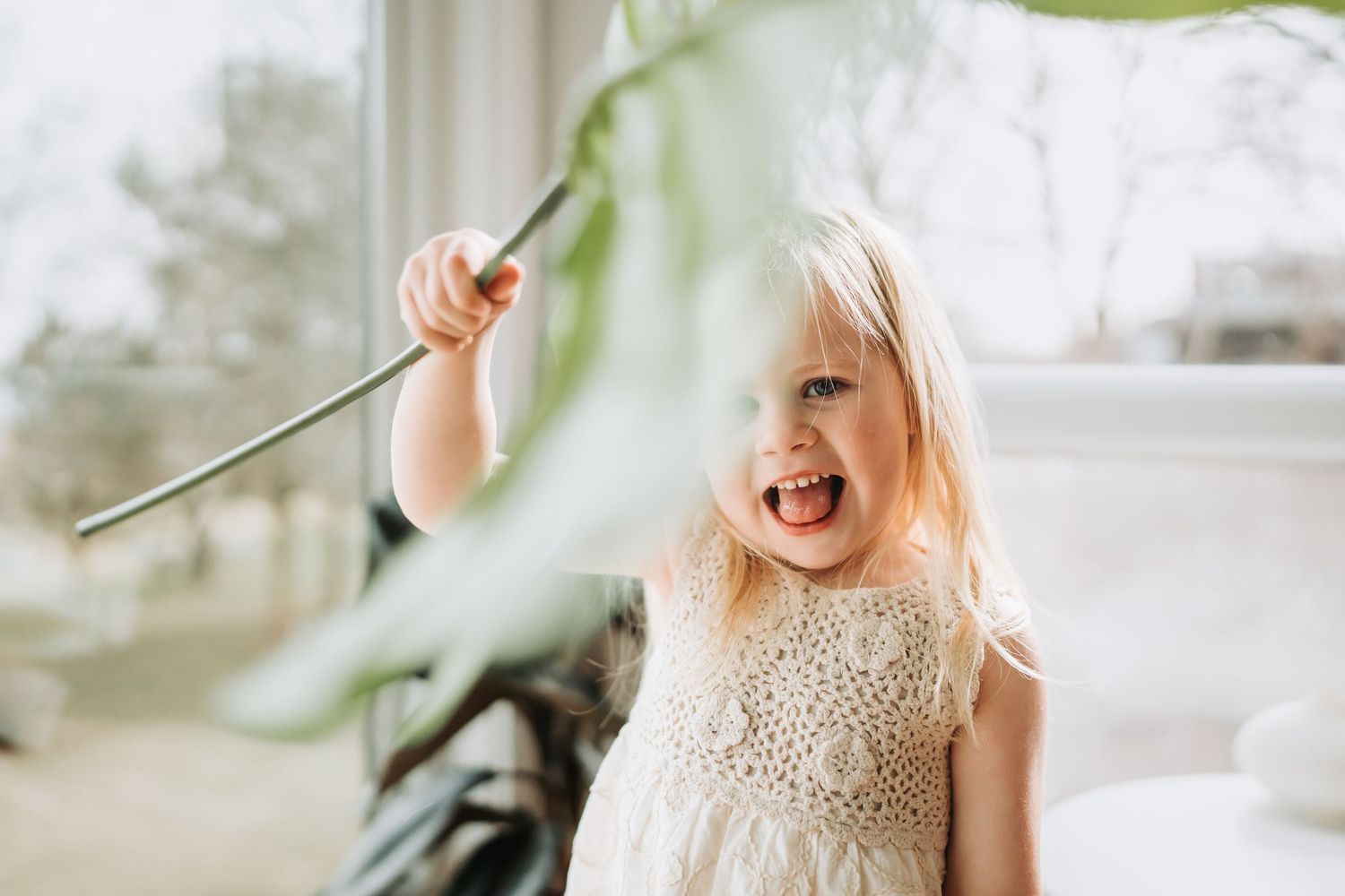 Happy blonde toddler girl in cream dress laughing while holding a green plant stem near a bright window.