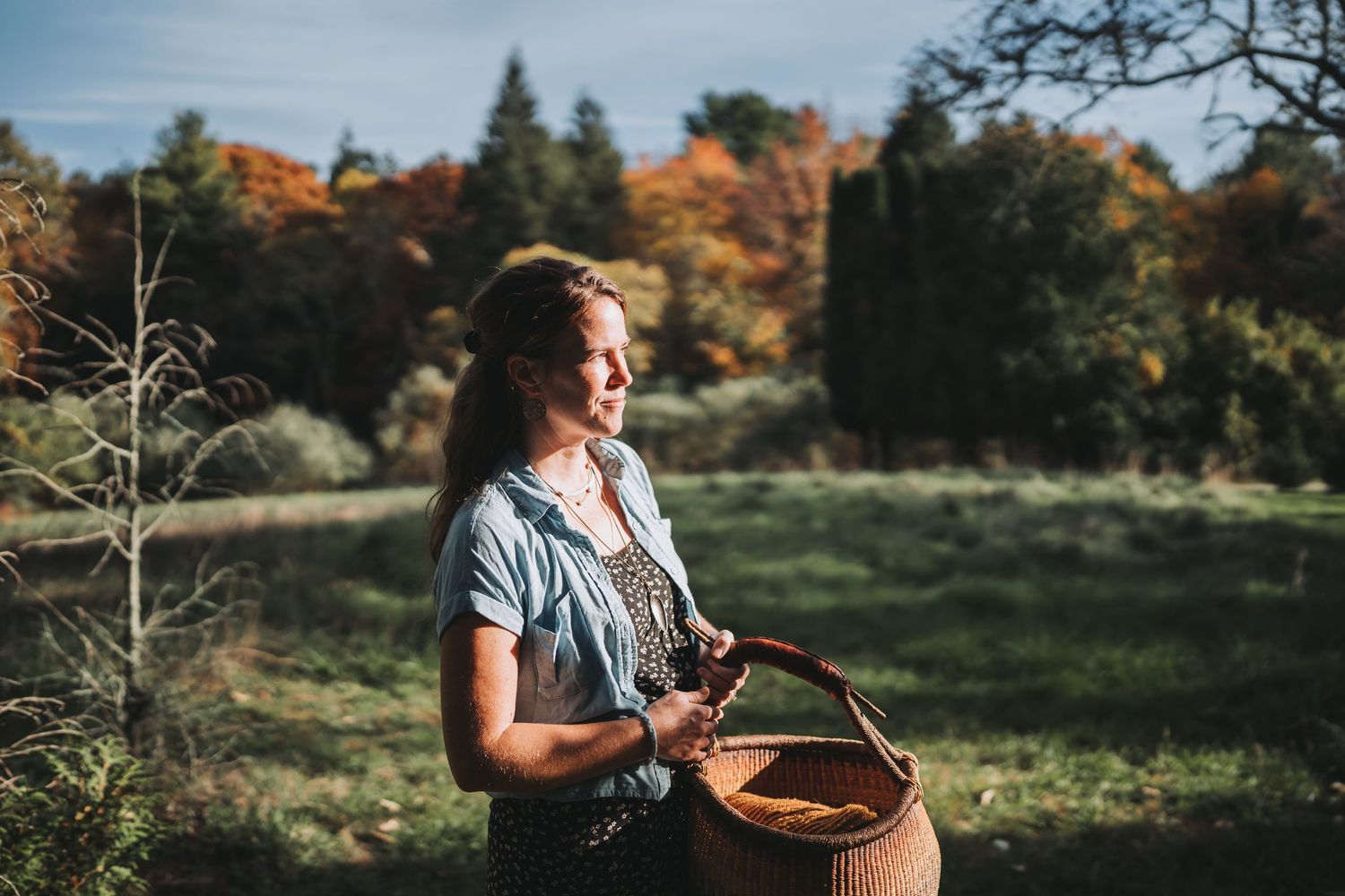 A person in denim overalls harvests from a garden basket during autumn with colorful fall foliage in the background.