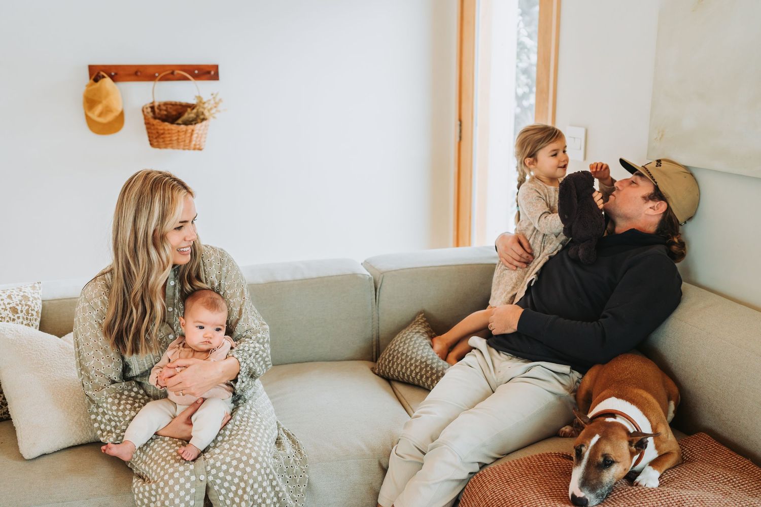 Series of casual moments photographed in a bright living room with white furniture and natural light.