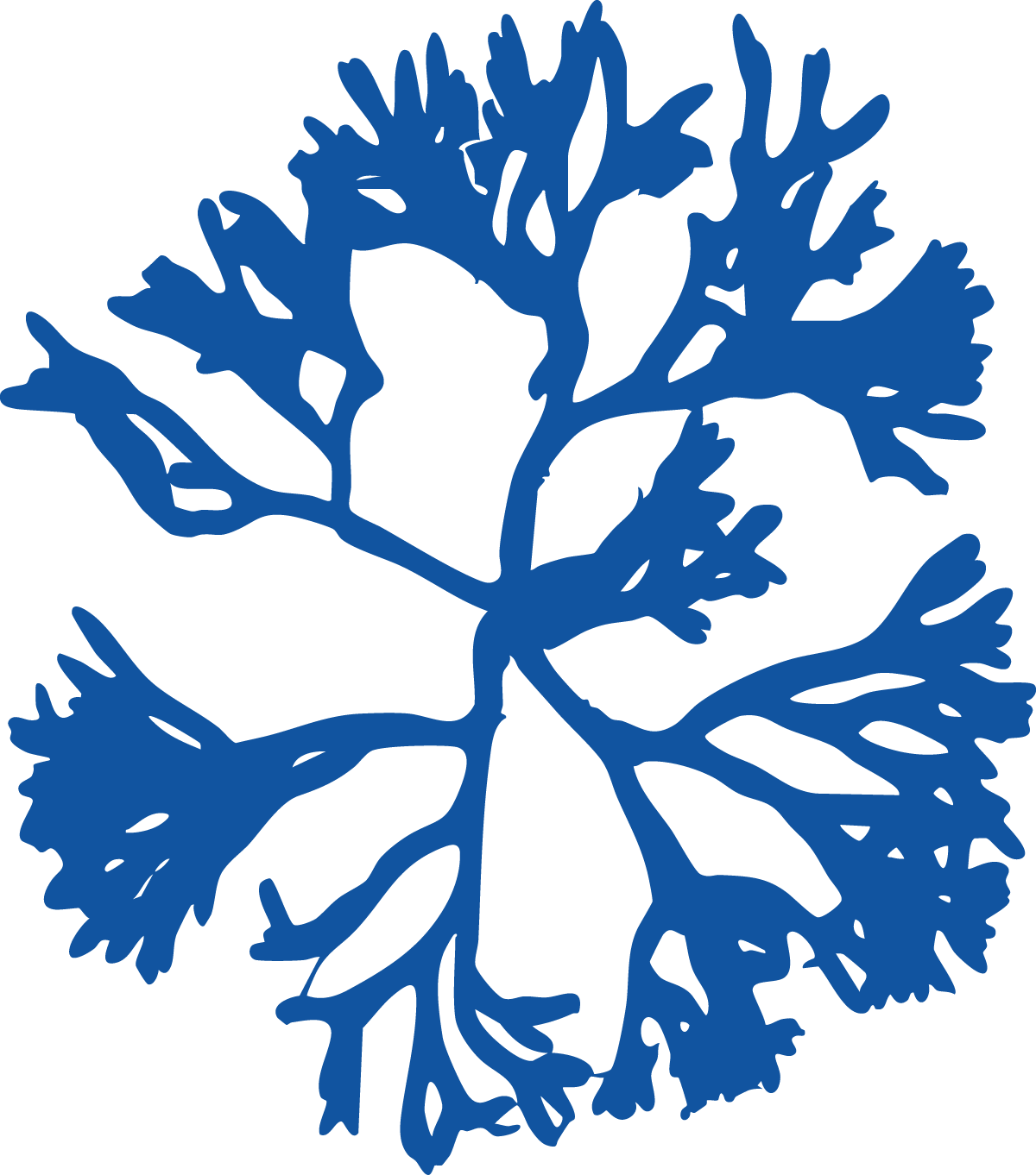 A blue snowflake-like design with branching tree-like patterns radiating from the center in a circular shape.
