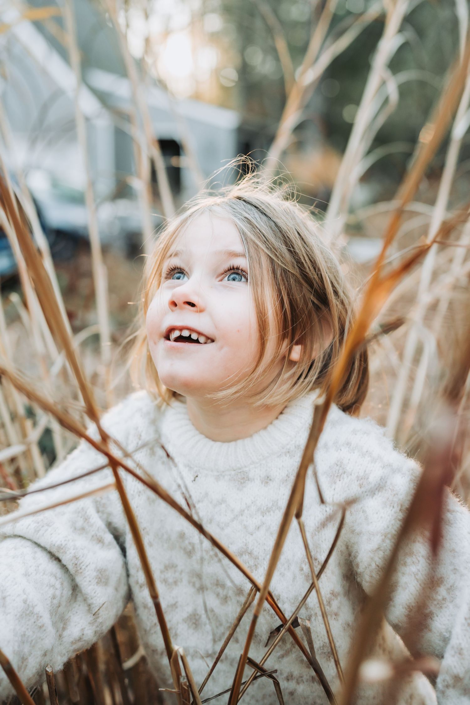 Three sequential photos showing someone in a white sweater looking up through winter branches with wonder and delight.