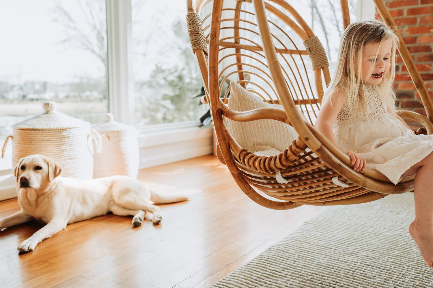 Young girl reading a book in a rattan hanging chair beside a yellow Labrador on hardwood floors.