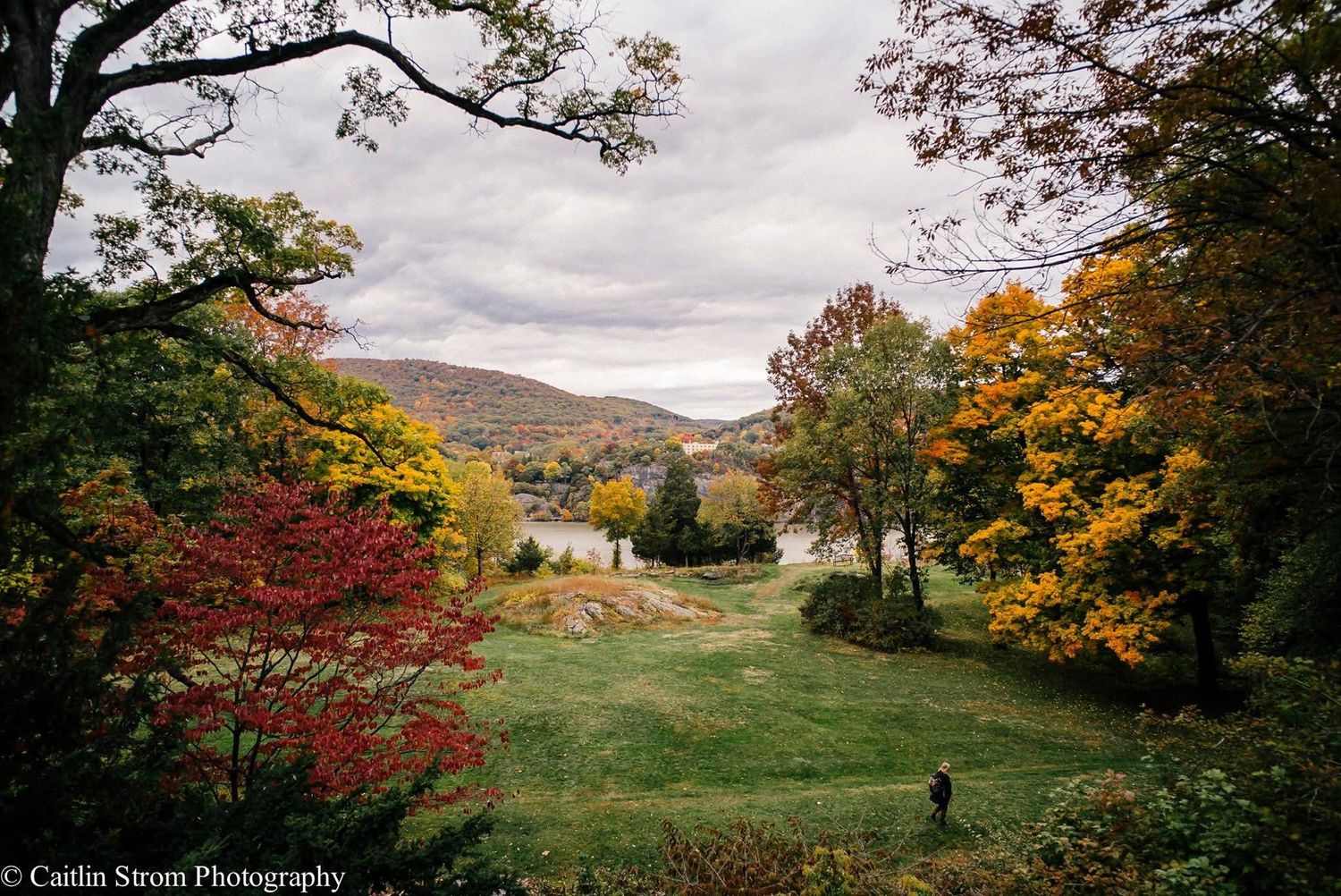 Panoramic autumn landscape with rolling hills and vibrant fall foliage under a cloudy sky.