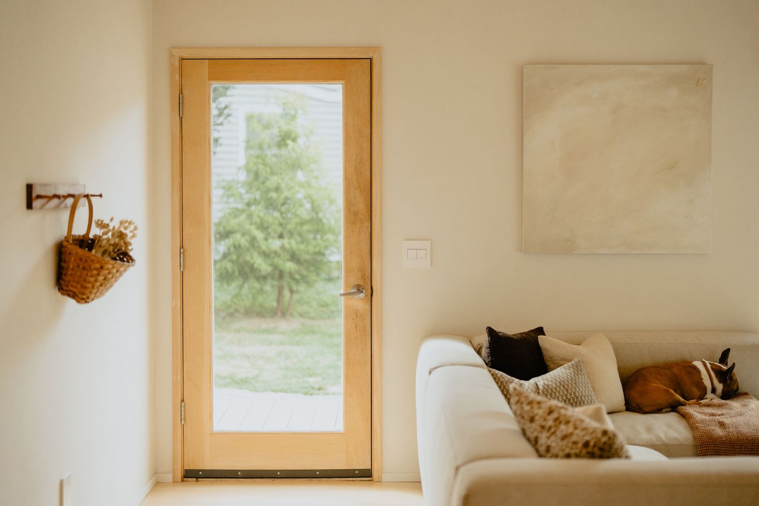Minimalist living room with glass door, white sofa, and dog lounging in natural light.
