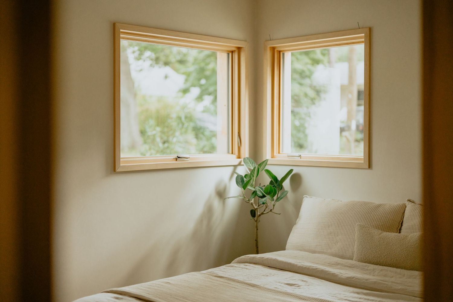 Serene bedroom corner with two windows and potted plants on the windowsill.