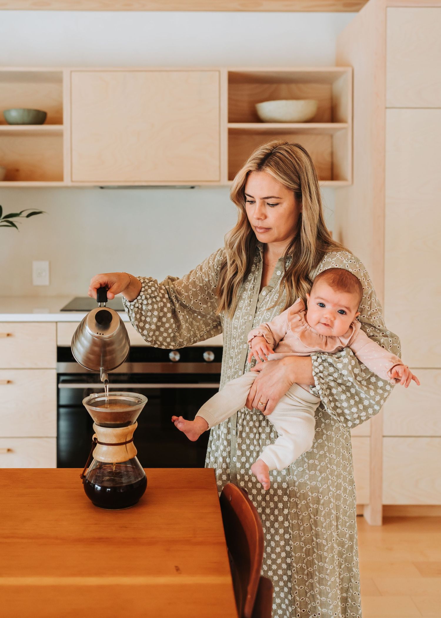 Sequential photos showing coffee preparation with a pour-over dripper in a bright modern kitchen interior.