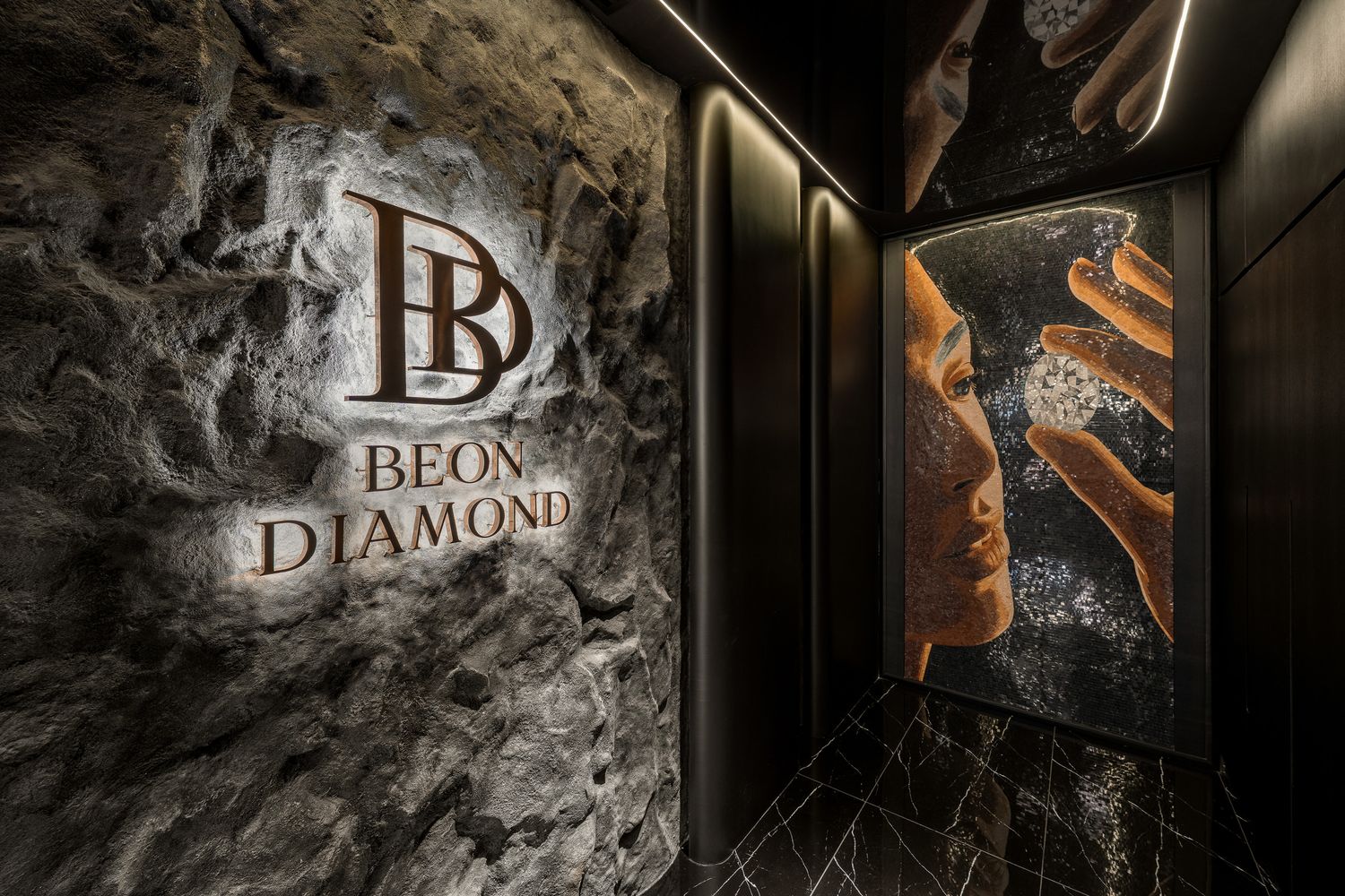 A dark and moody collage of luxury brand logos and textures with metallic and stone elements.