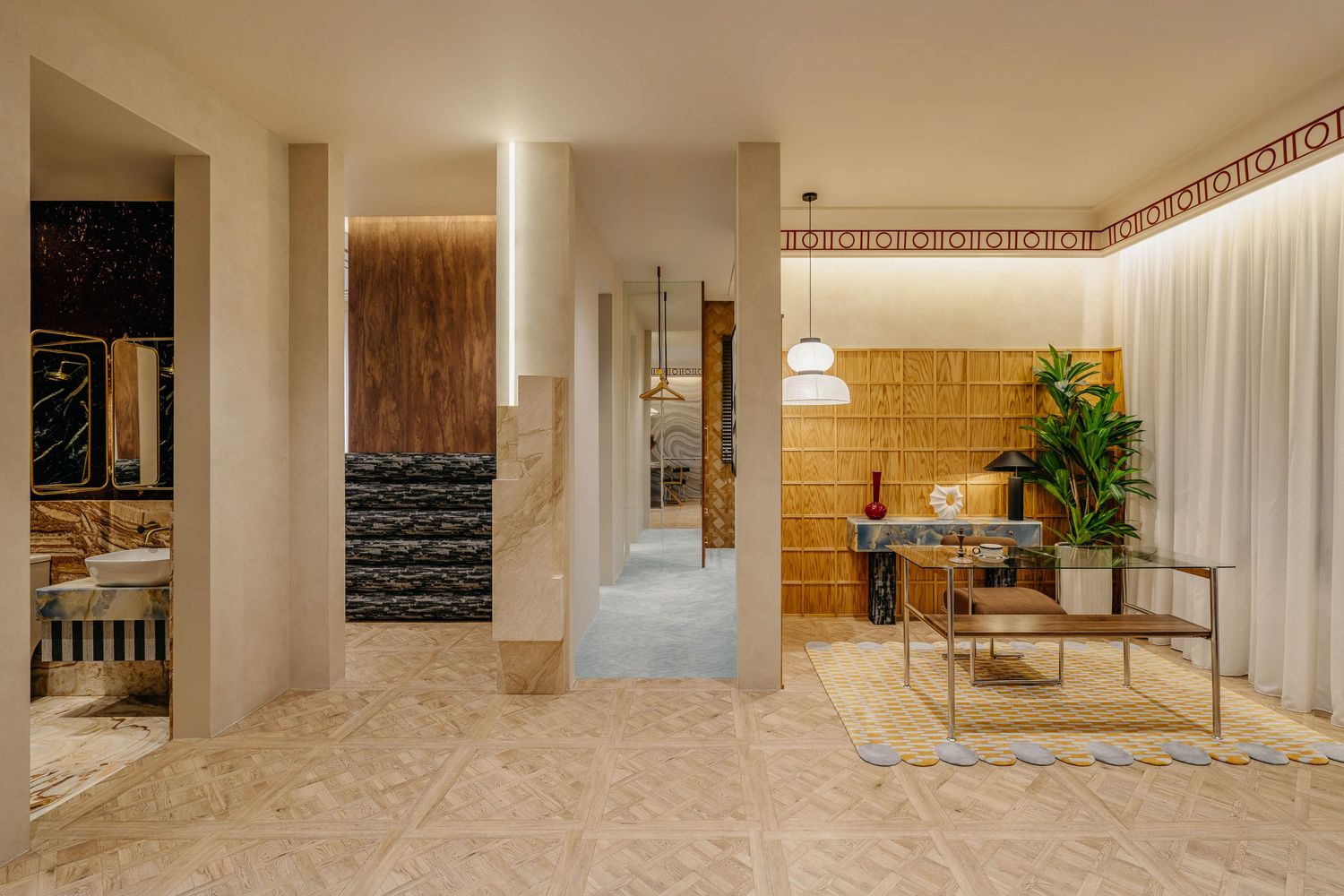 Modern interior space with wooden paneling, marble flooring, and contemporary furniture with elegant lighting details.