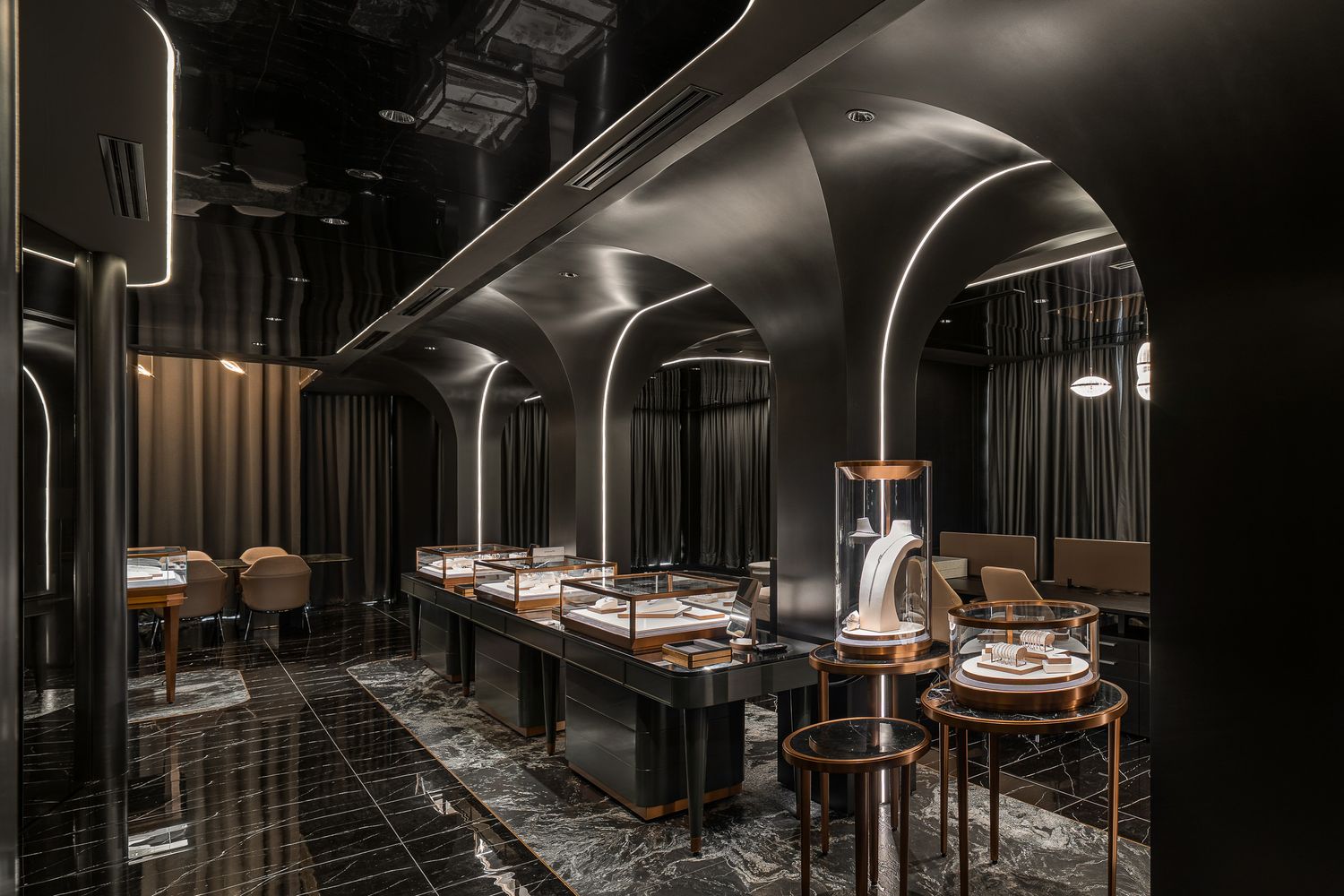Modern minimalist restaurant interior with dark walls, wooden tables and ambient lighting creating an elegant dining atmosphere.