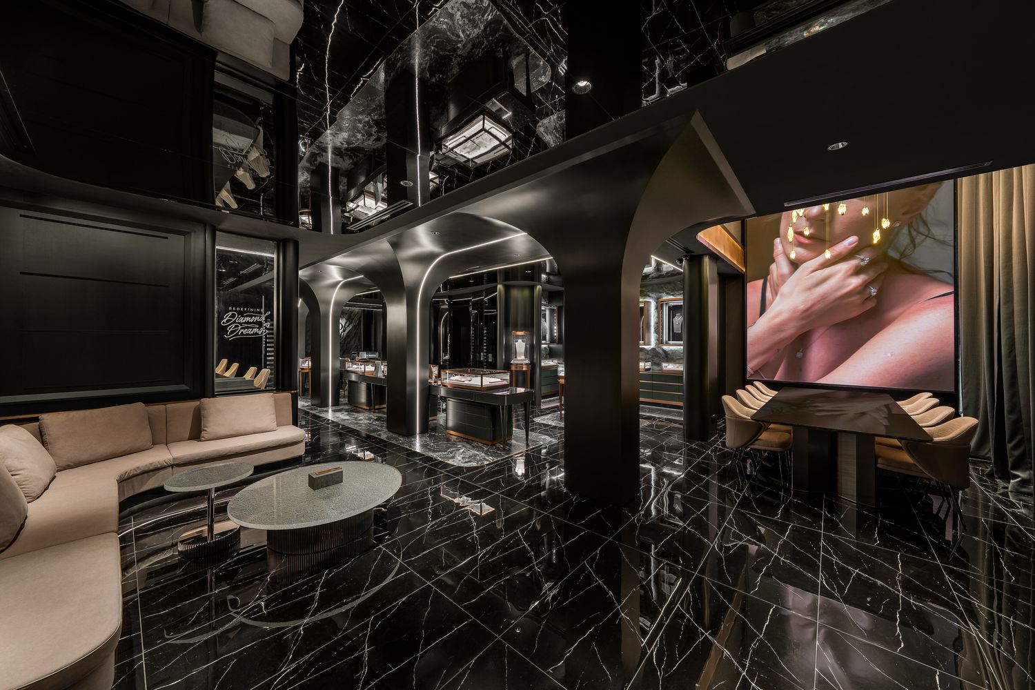 Modern black and white interior design with geometric patterns and dramatic lighting creates a luxurious atmosphere.