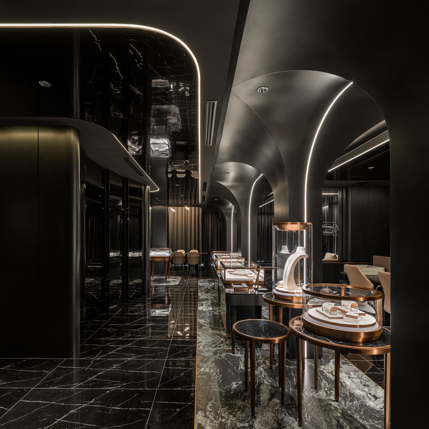 Modern restaurant interior with curved archways, dark marble floors, and elegant table settings in moody lighting.