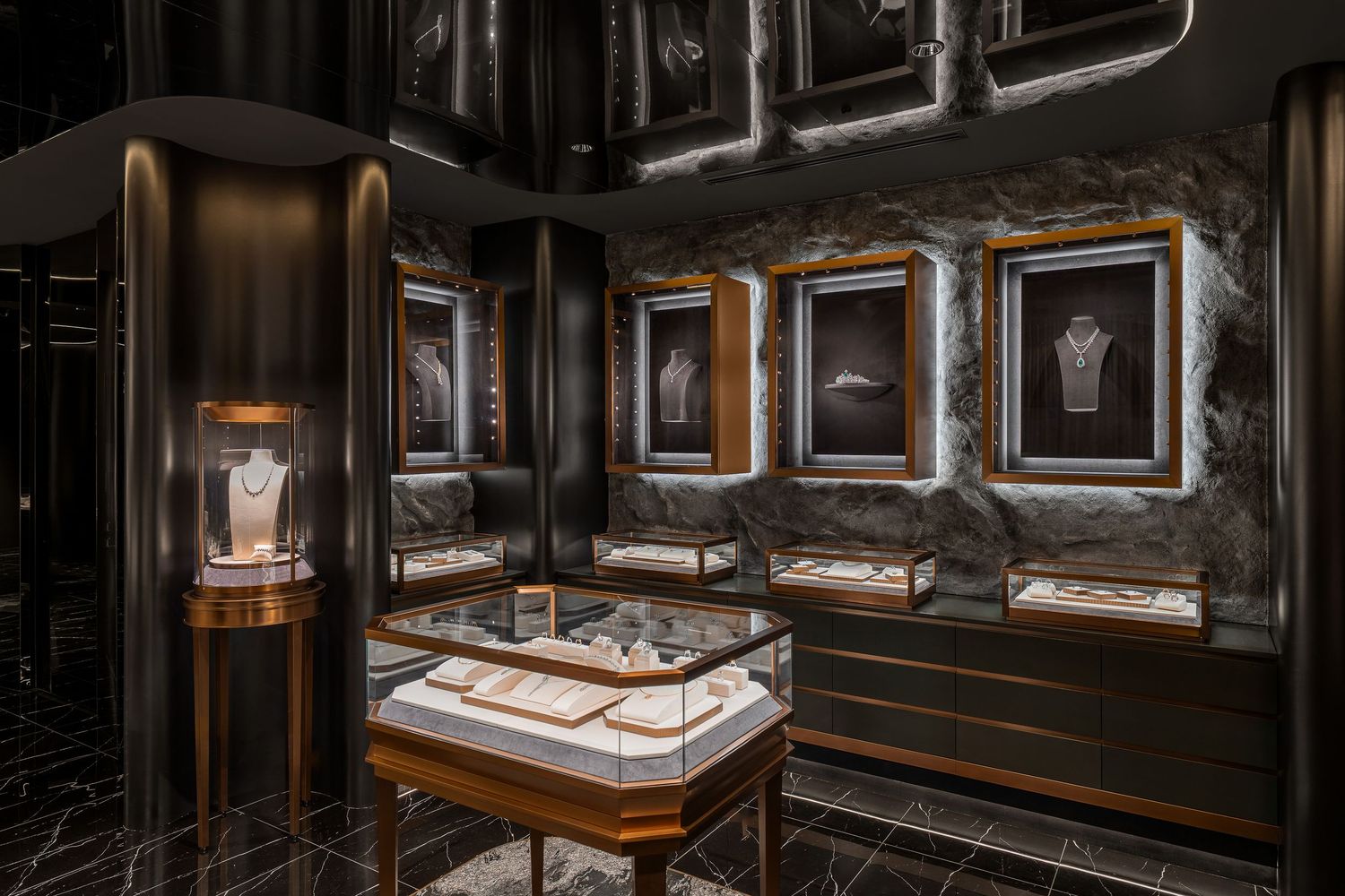 Luxurious dark wood paneled room with illuminated glass display cases showcasing high-end watches and jewelry.