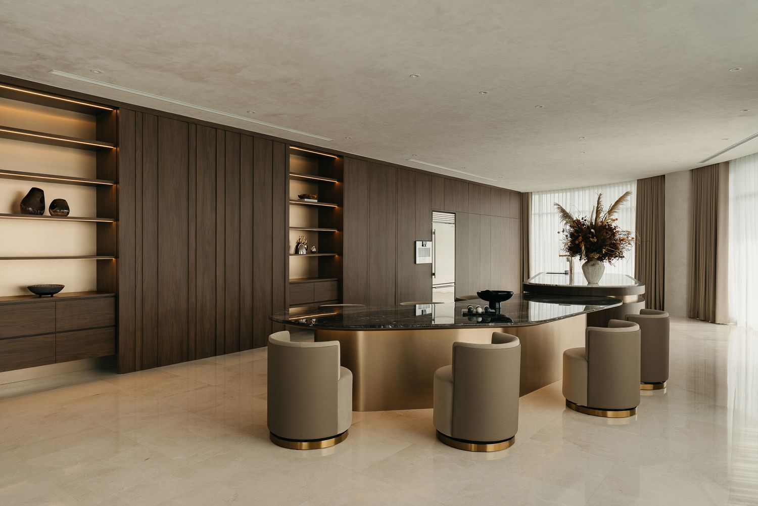 Modern minimalist interior hallway with dark wood paneling and curved seating areas in neutral tones.