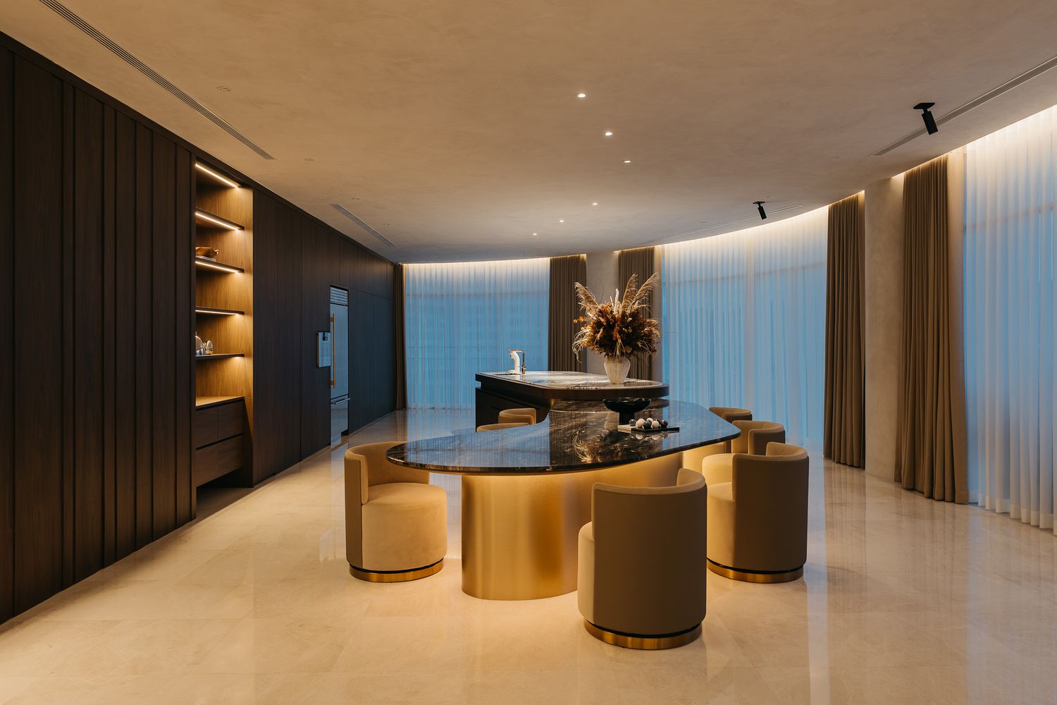 Modern minimalist interior hallway with dark wood panels and recessed lighting creating a sleek architectural space.