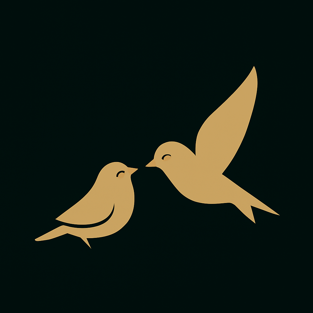 Nine golden bird silhouettes arranged horizontally against a dark background showing progressive movement phases.