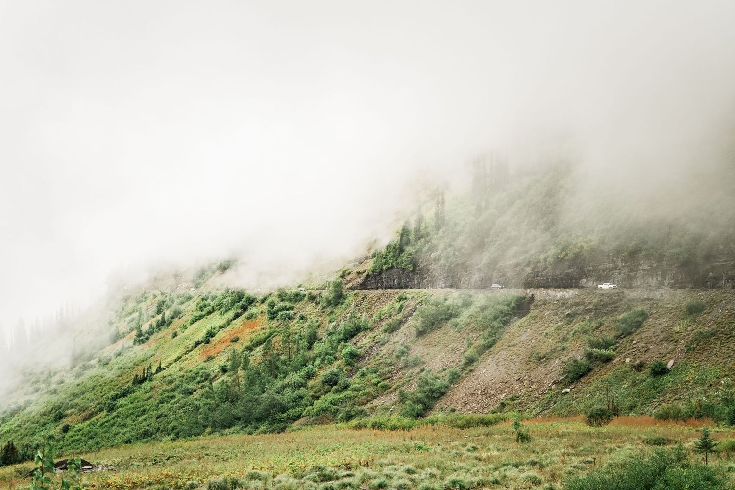 Foggy mountain ridge with green slopes and low-hanging clouds creating a mystical atmosphere in the wilderness.