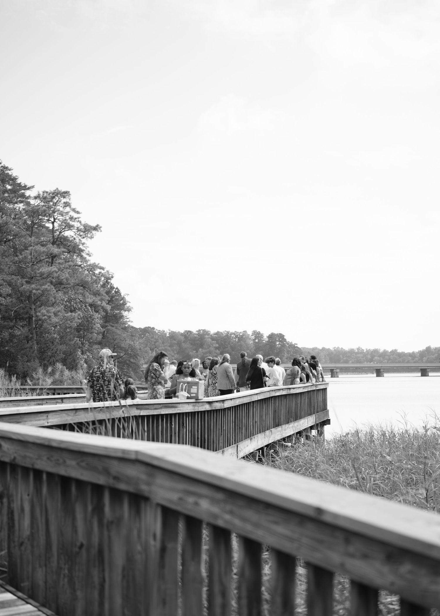 A group of visitors observe nature from a wooden boardwalk overlooking a tranquil lake or marsh in a scenic park setting.