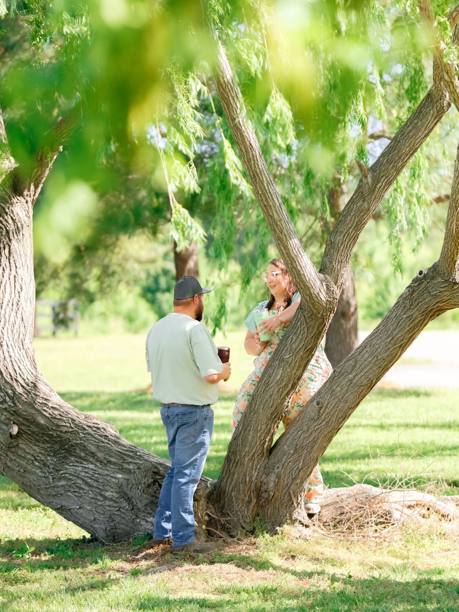 People enjoying a relaxing moment beneath a shady tree in a sun-dappled park on a bright summer day.