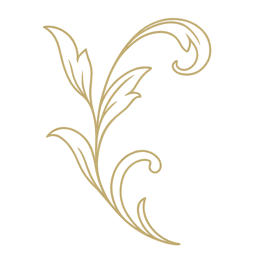 Elegant gold floral ornamental design element with swirling vines and leaves on white background.