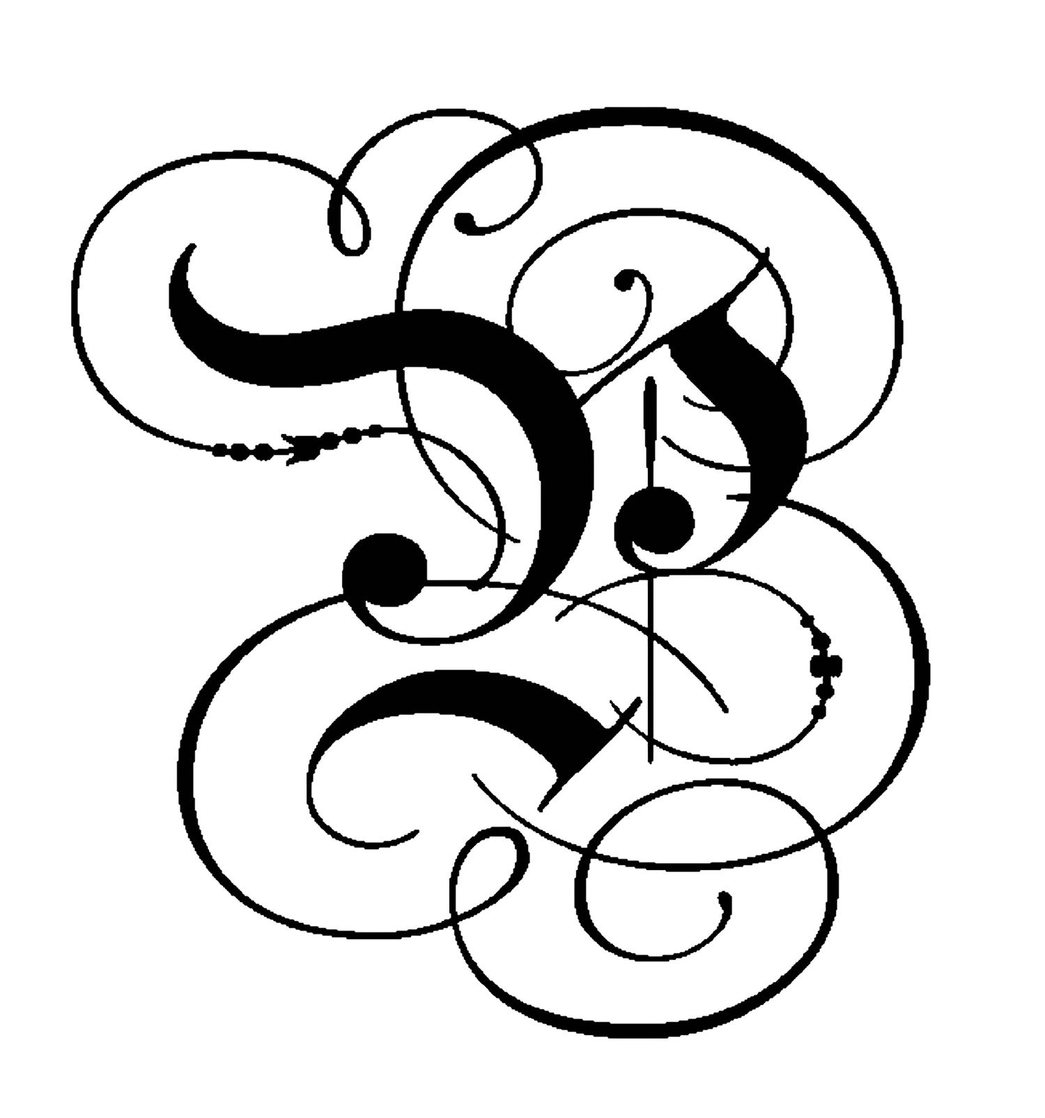 Ornate calligraphic letter B in black ink with decorative swirls and flourishes in an elegant design.