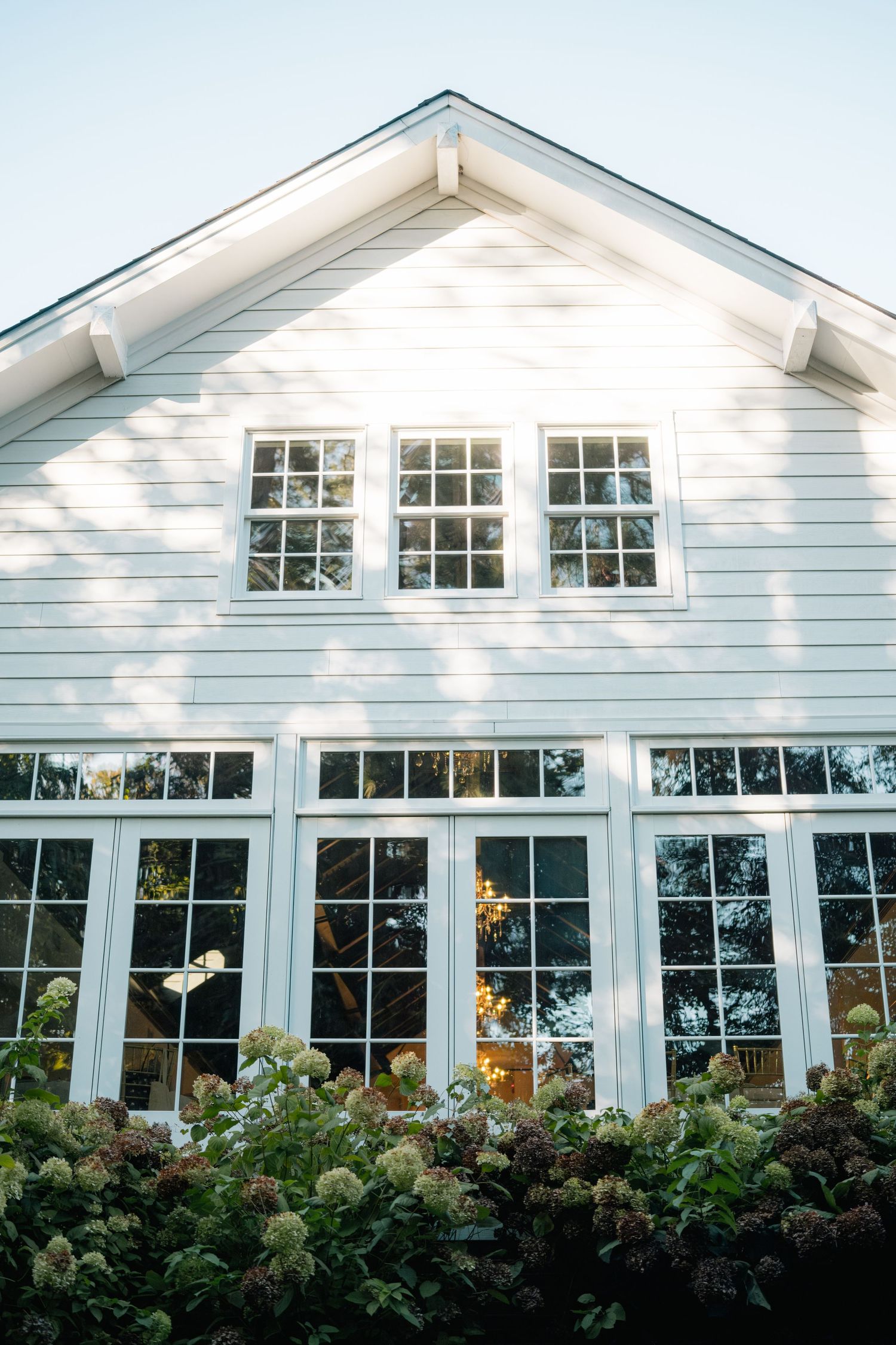 White farmhouse-style home exterior featuring large windows and blooming hydrangea bushes along the foundation.