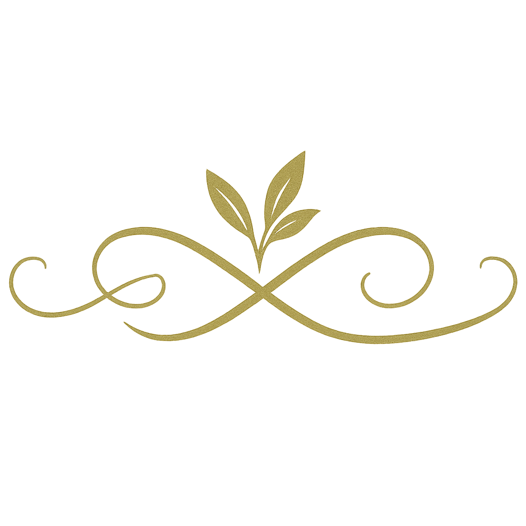 Elegant gold decorative divider with symmetrical swirls and leaf motif in the center.