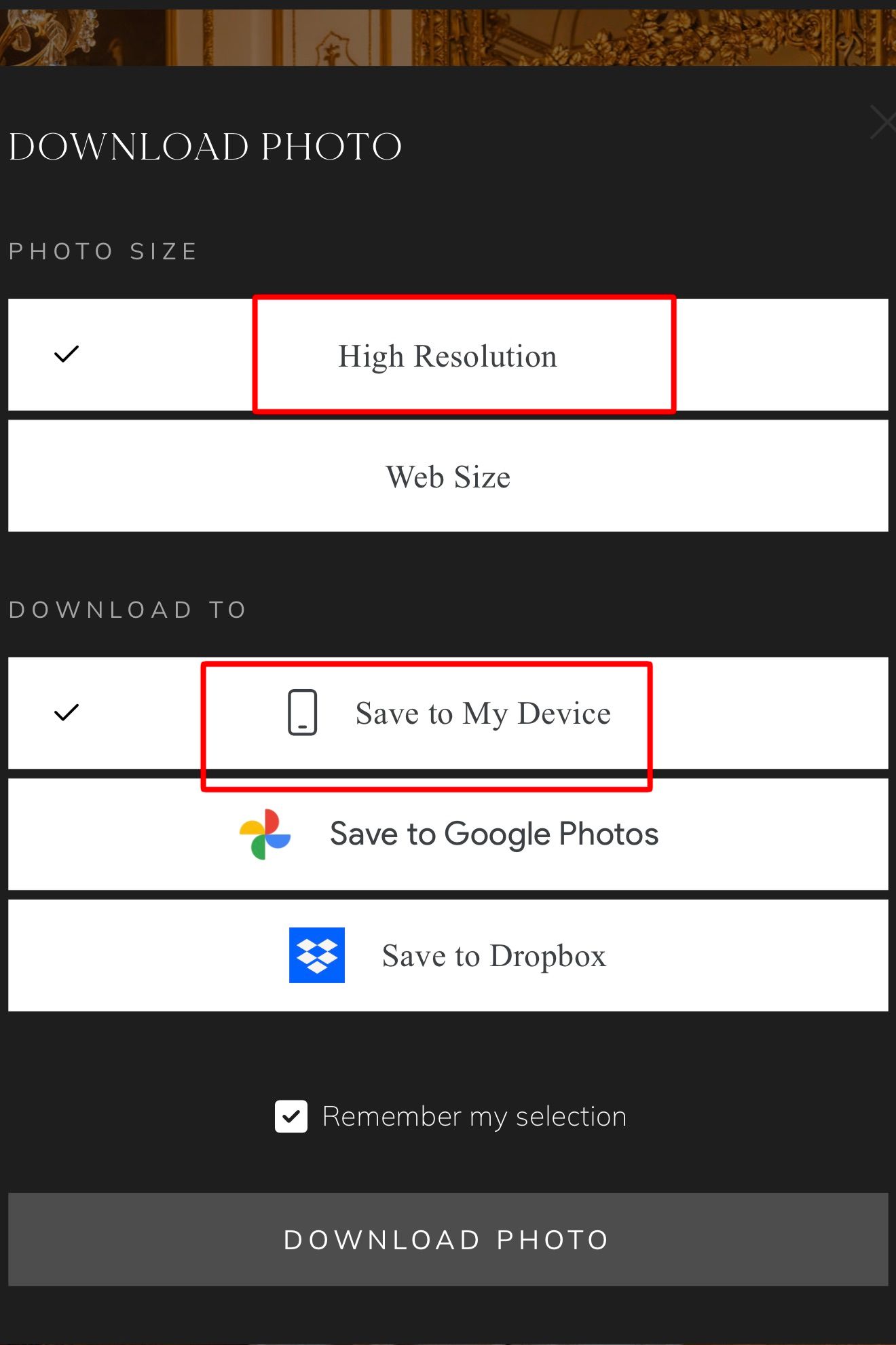 Download photo interface showing resolution options, device saving choices, and cloud storage buttons for Dropbox and Google Photos.