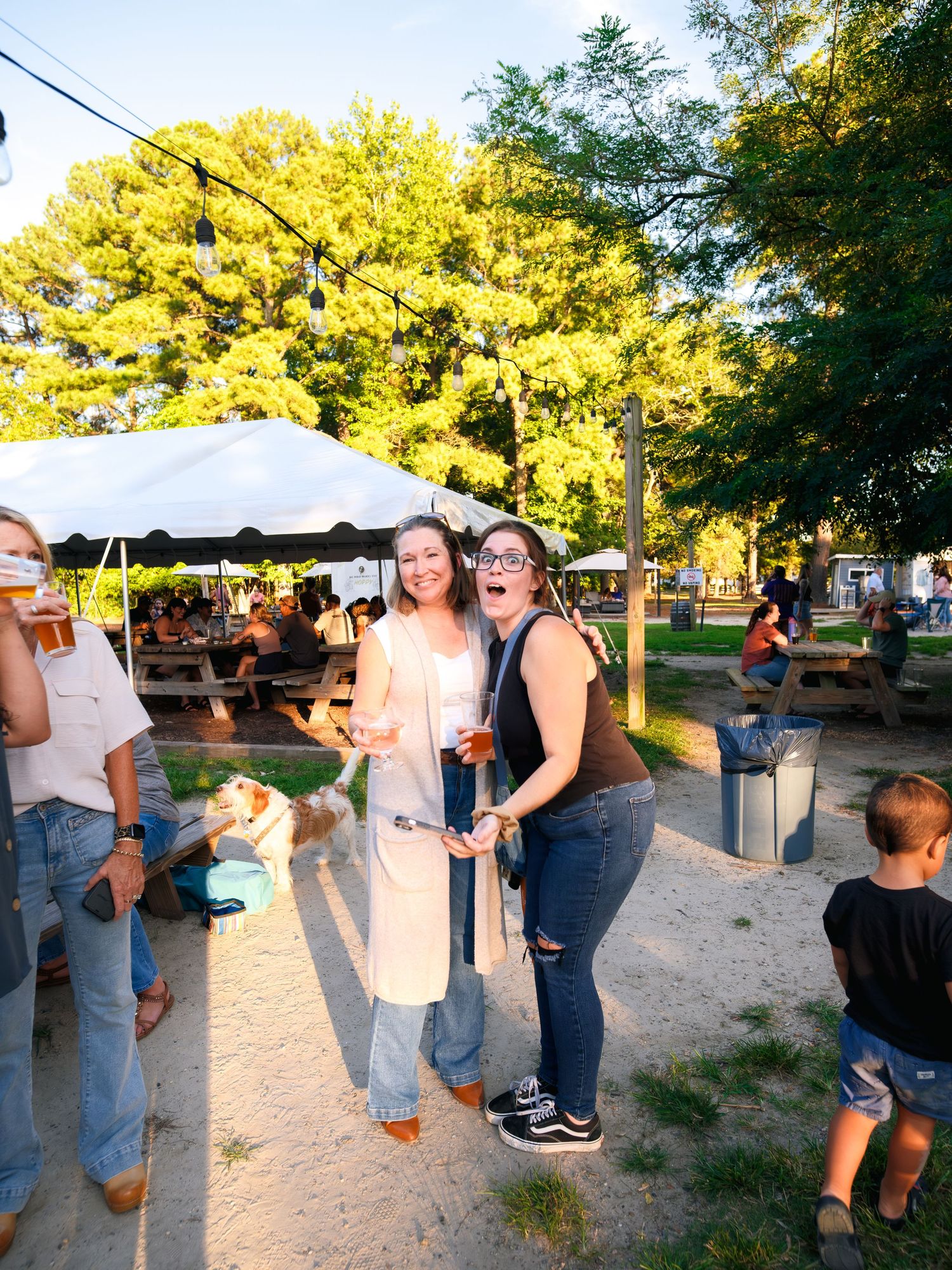 People enjoying an outdoor summer event with string lights and white tent canopies in a park setting at dusk.