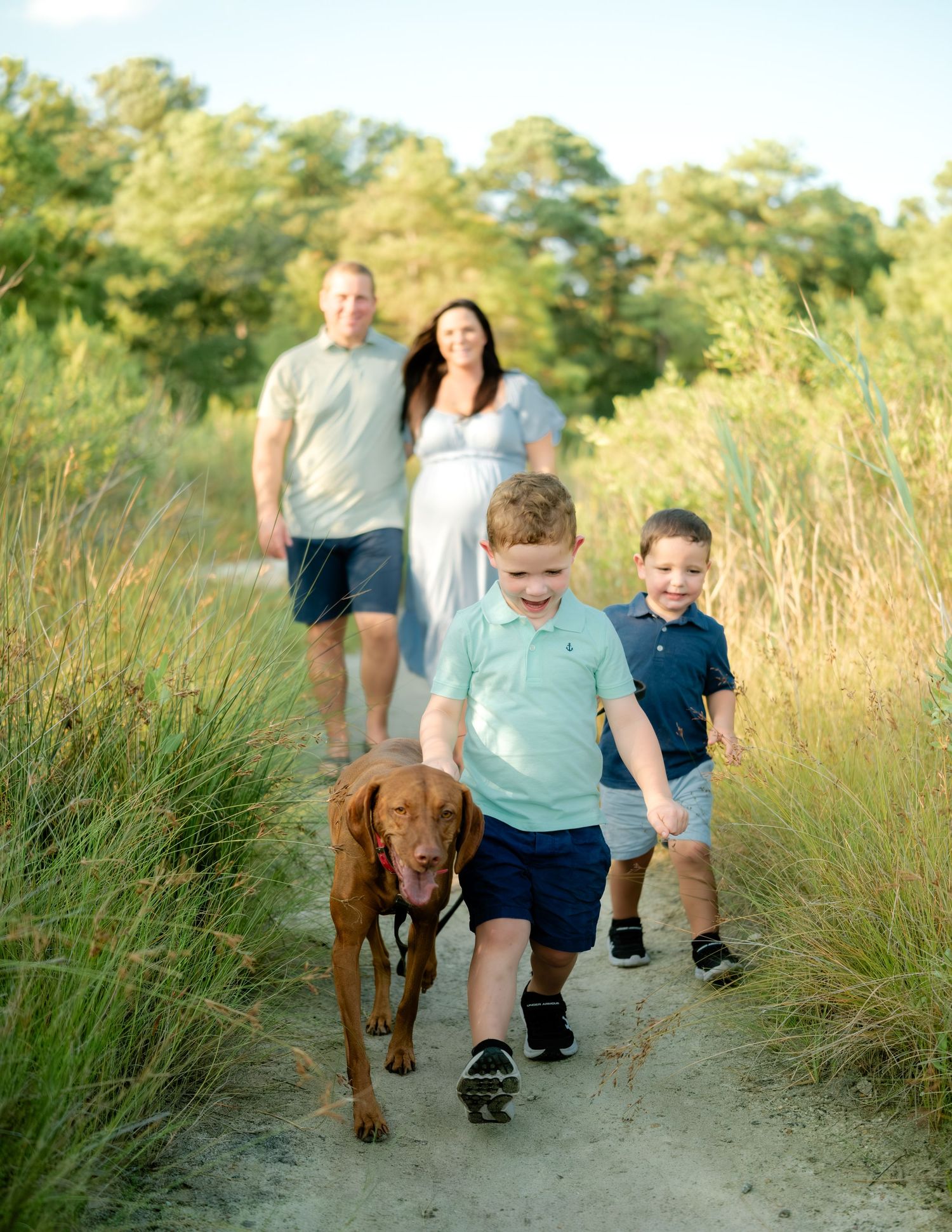 Family enjoying a walk together on a nature trail with their brown dog during a sunny summer evening.
