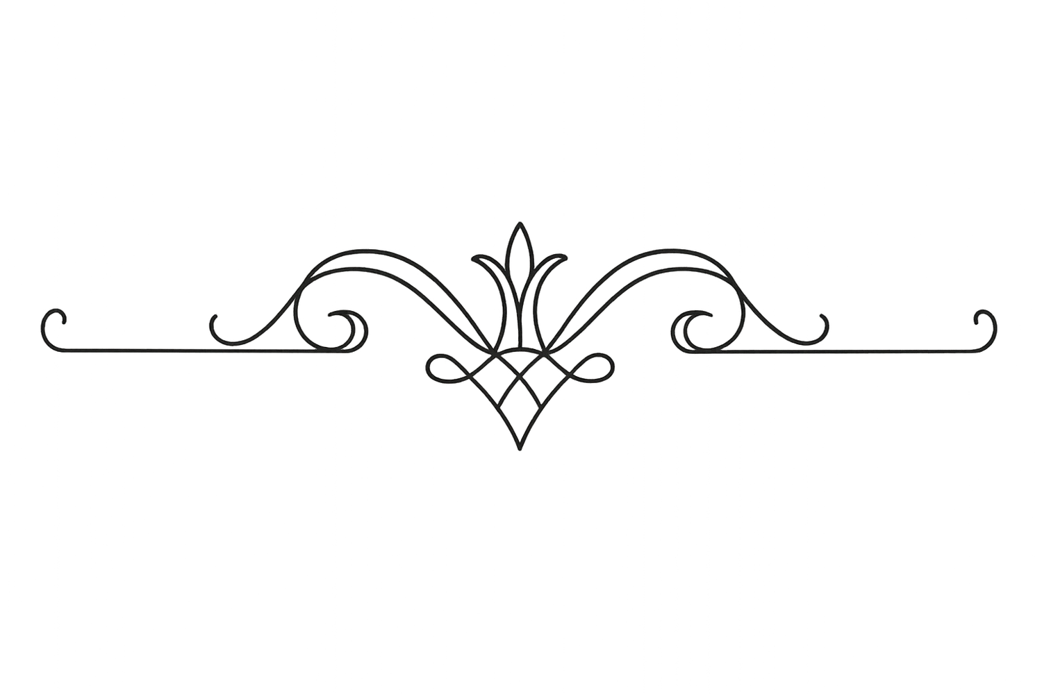 Ornate decorative flourish design element with swirling lines and diamond shape in black silhouette style.