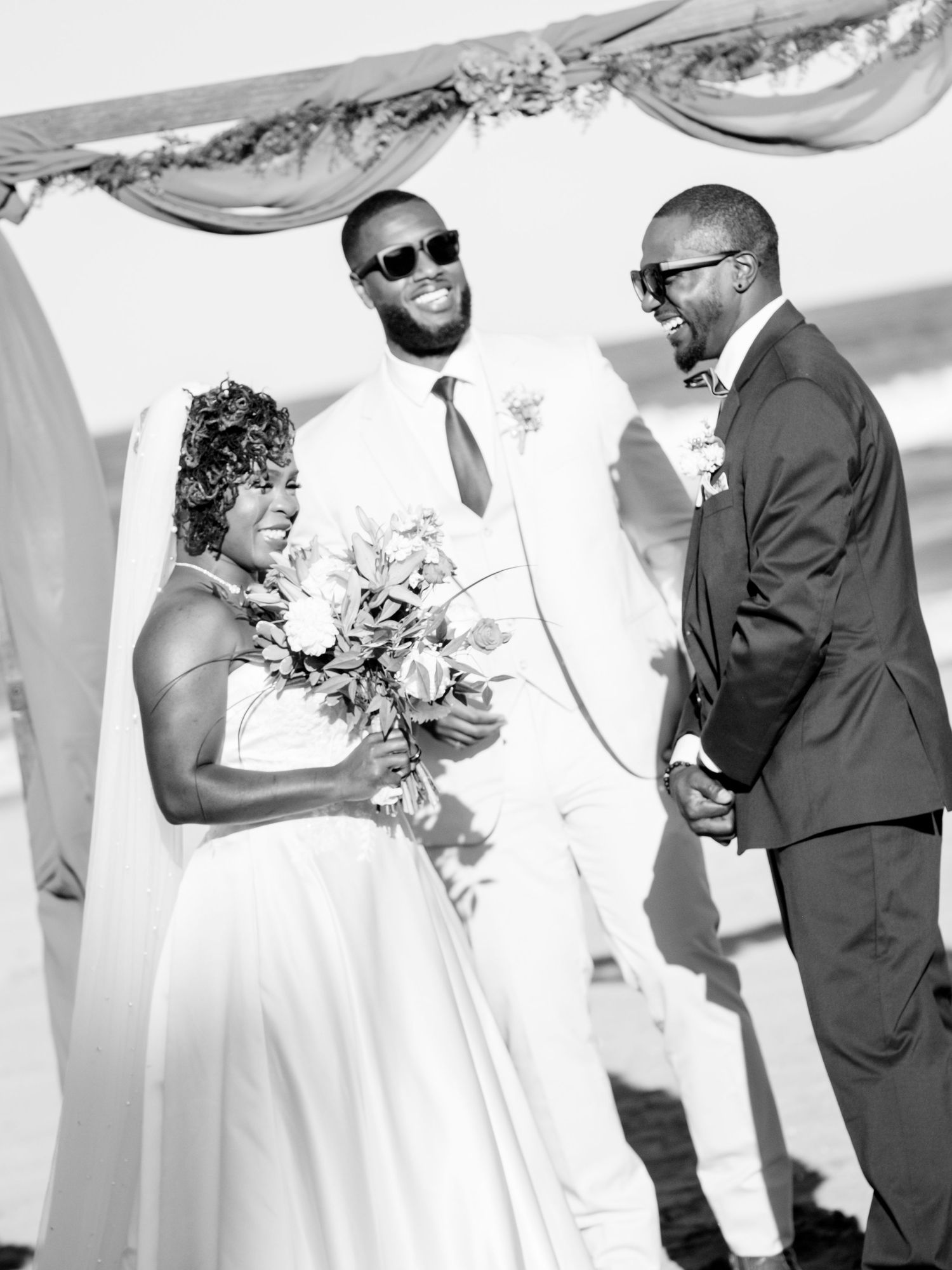 A black and white photo sequence showing a tender moment between a bride and an older gentleman at a wedding ceremony.