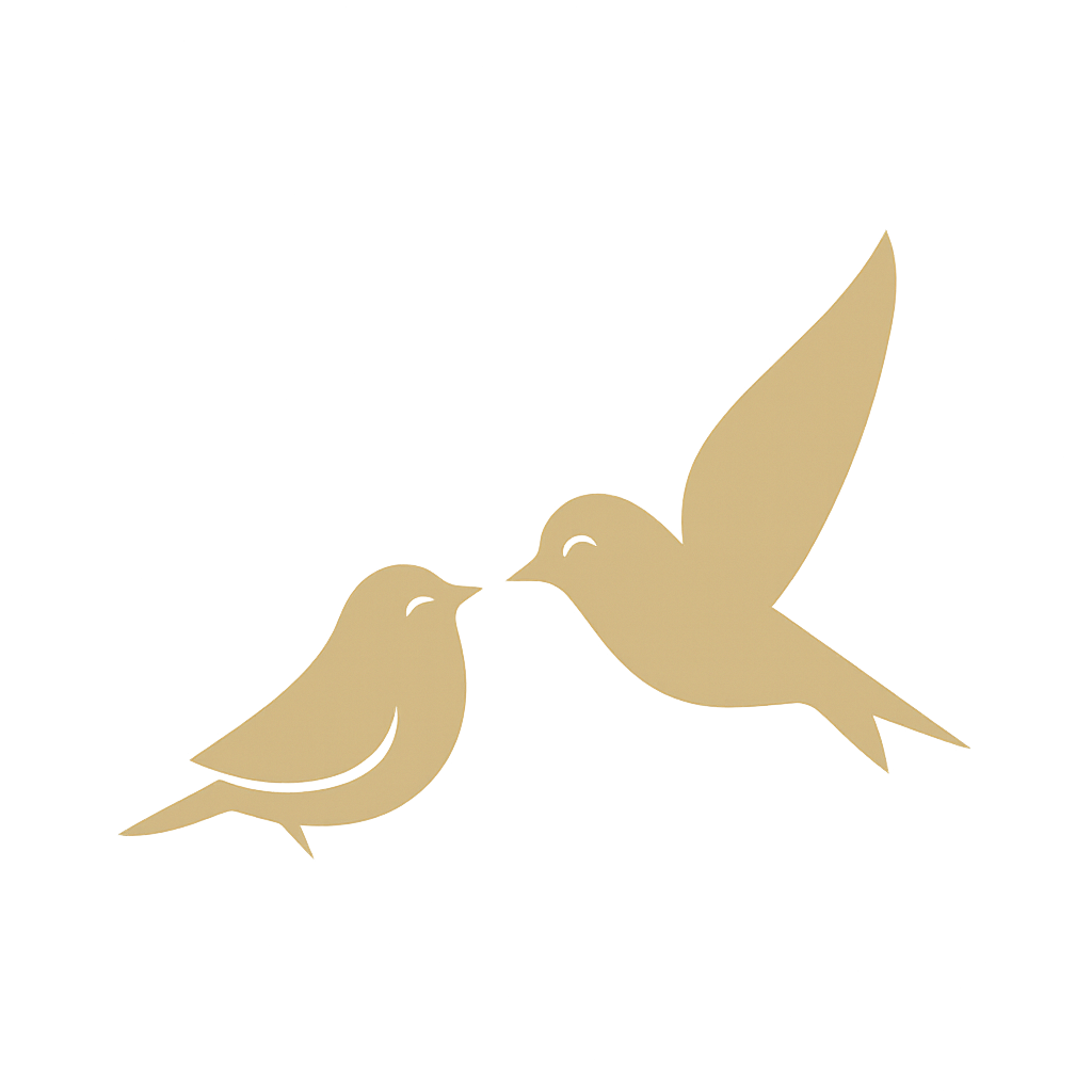 Decorative beige silhouettes of birds in flight arranged in a minimalist row design against a white background.