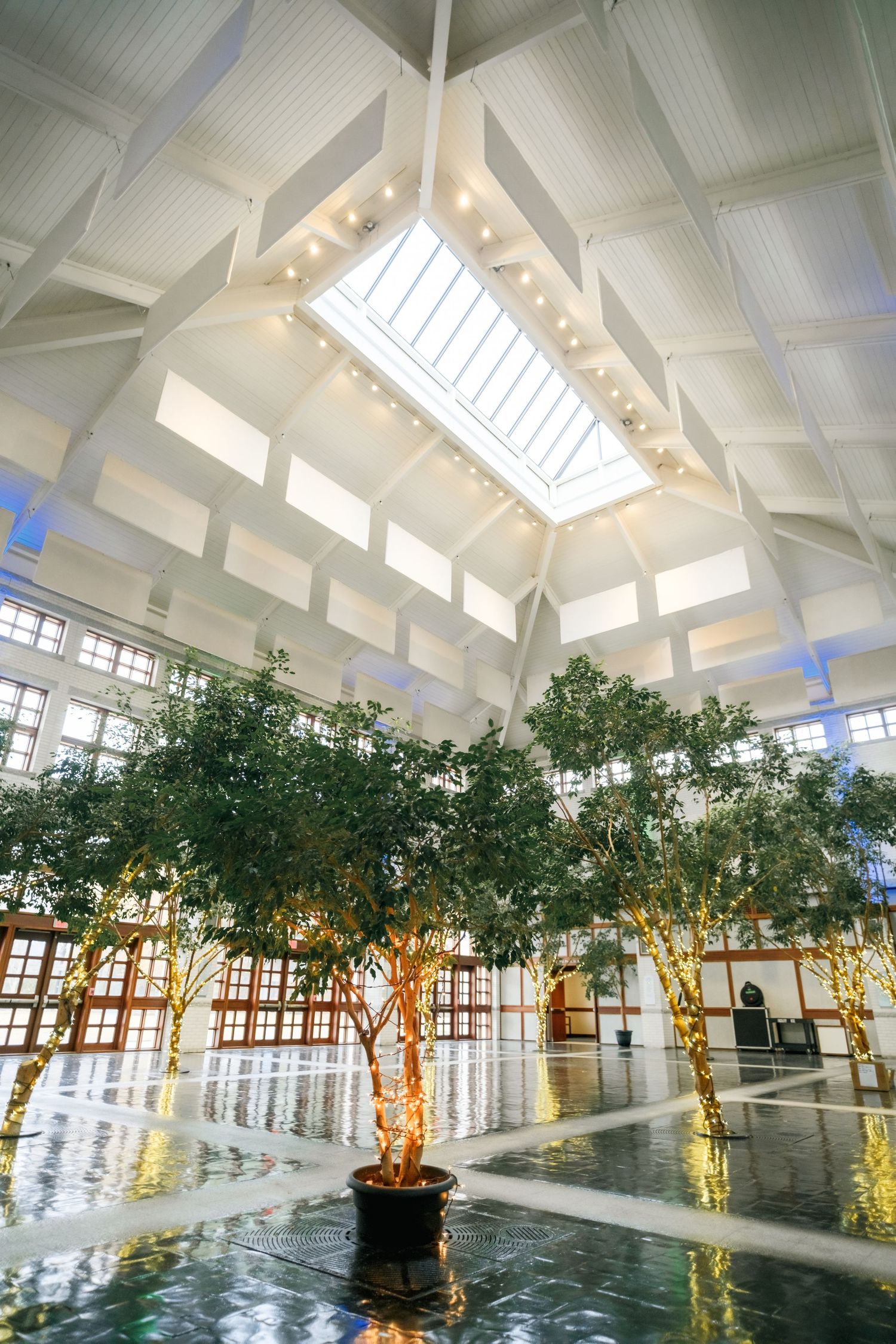 A bright indoor space with illuminated artificial trees and skylights creating an ethereal atmosphere in a modern hall.
