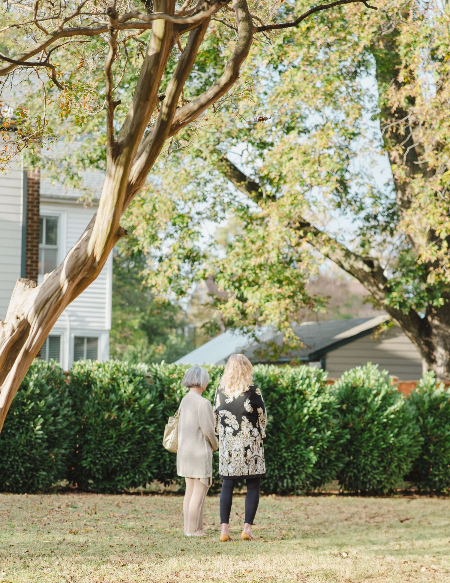 Two people stroll together beneath autumn trees on a sunny afternoon in a residential yard.