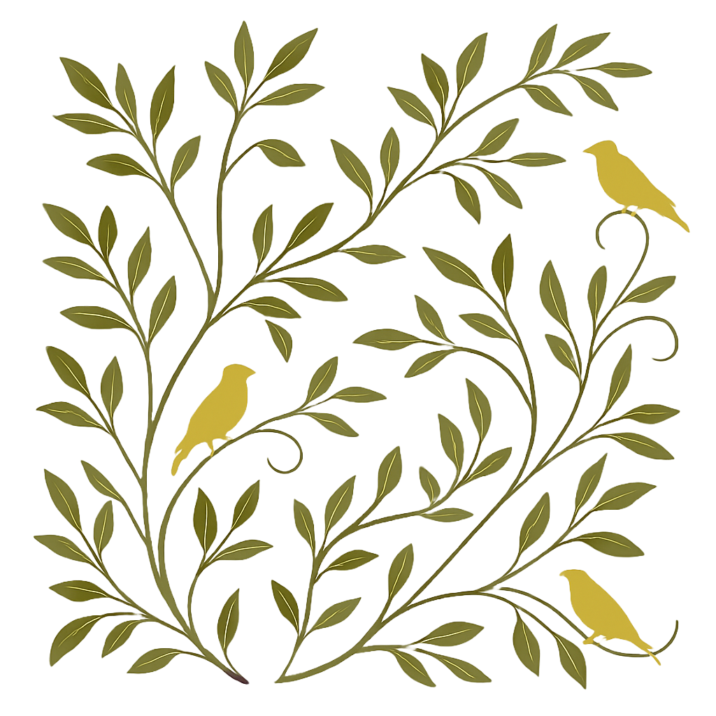 Elegant gold and olive green floral design elements with delicate leaves and bird silhouettes in a repeating pattern.
