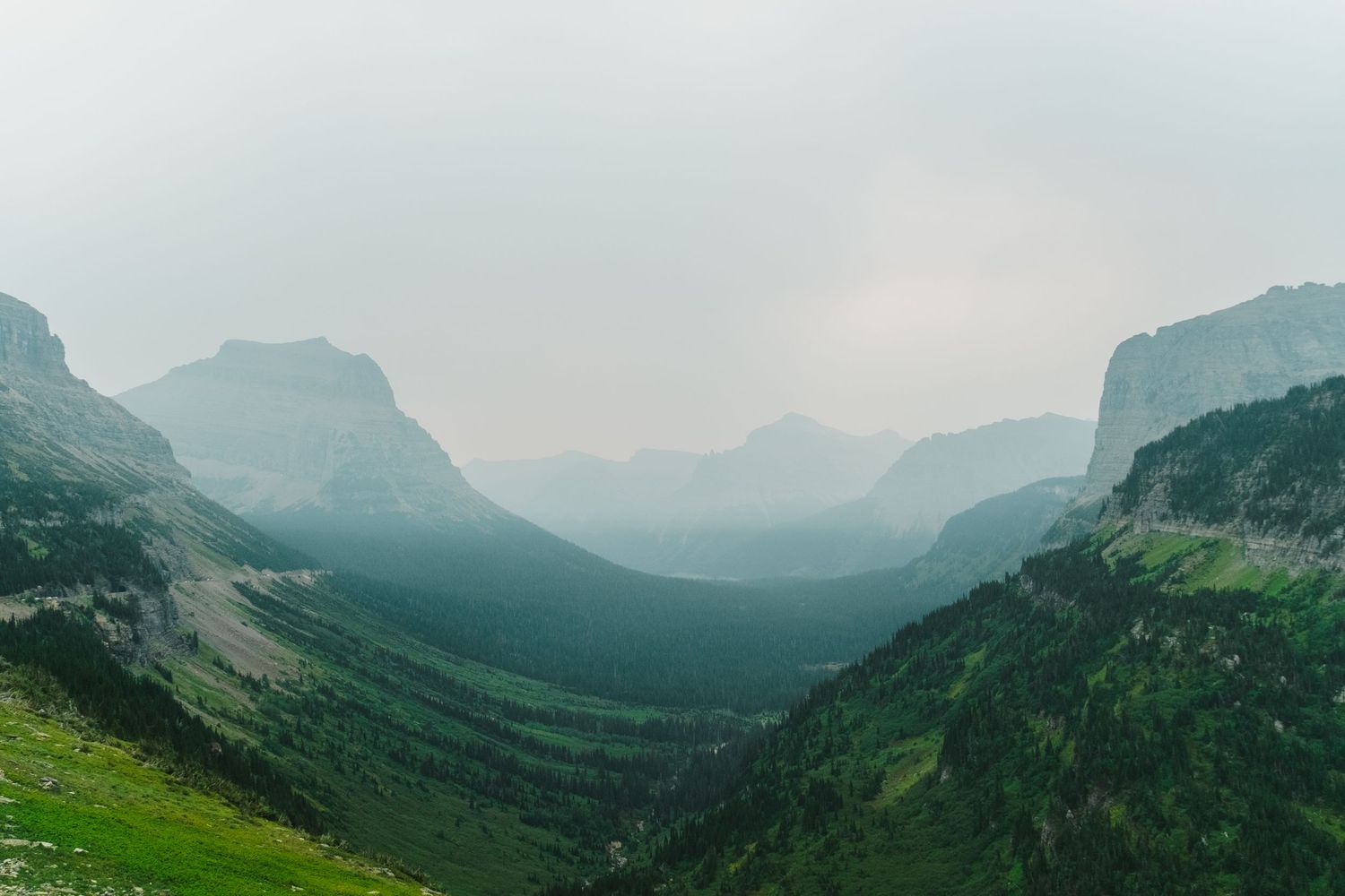 Misty mountain valley with lush green slopes and distant peaks forming a dramatic U-shaped glacial valley in foggy weather.