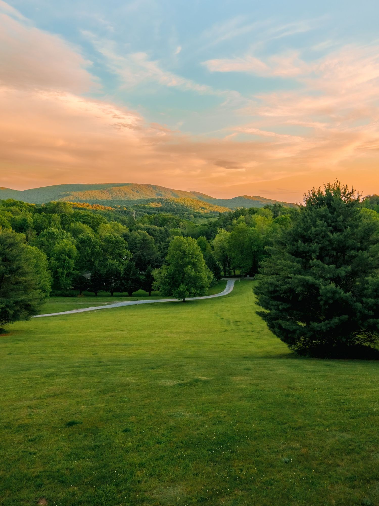 Winding road curves through lush green meadow with rolling hills and colorful sunset sky in the background.