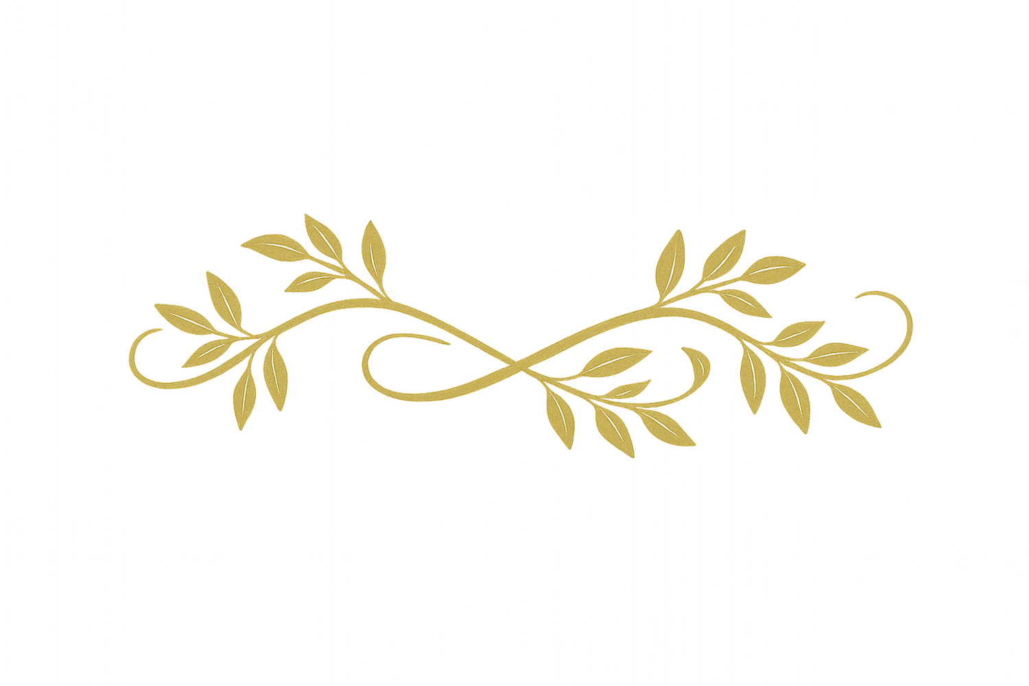 Elegant gold decorative divider with curved flourish and symmetrical leaf designs on white background.
