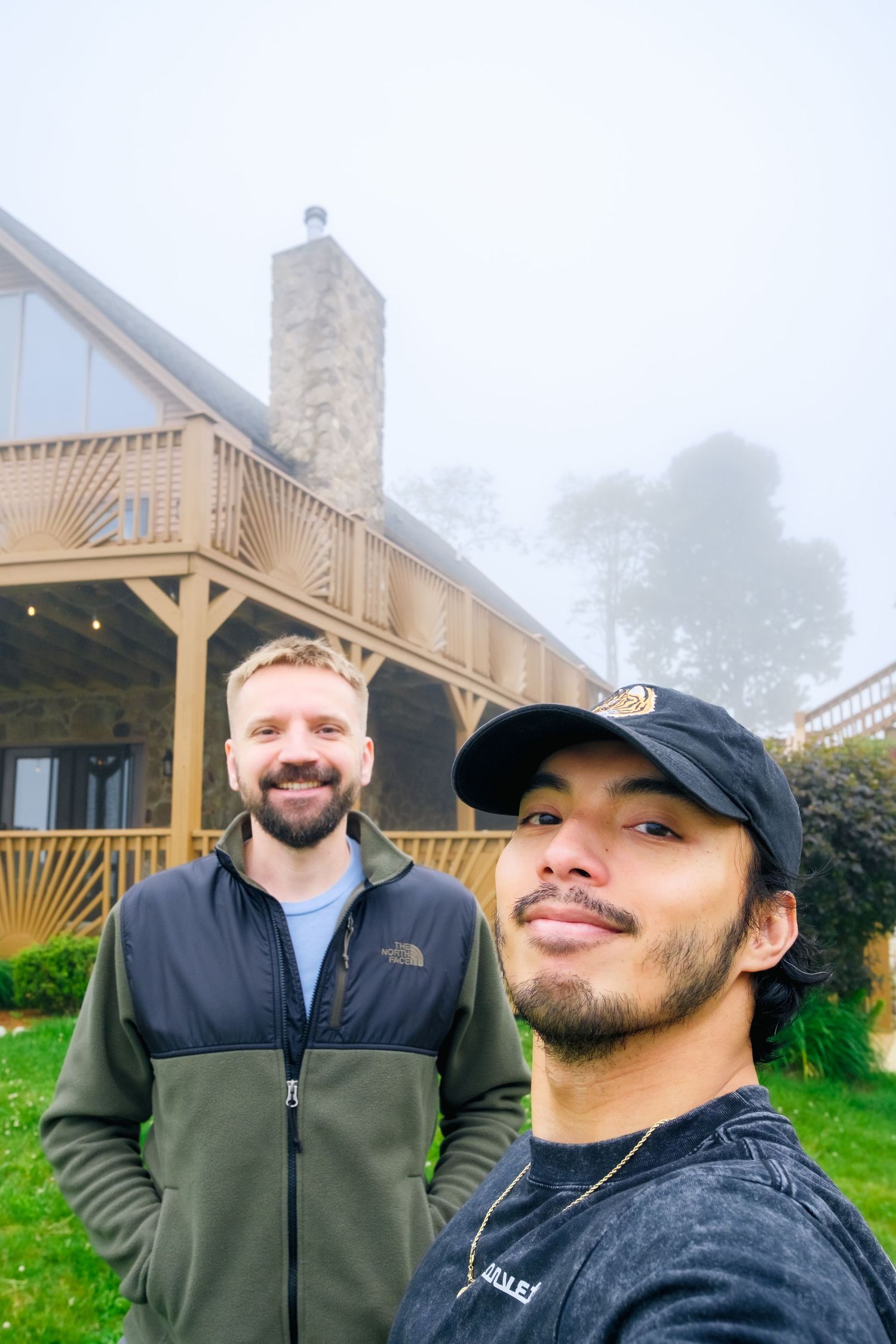 Four similar outdoor selfies taken at different angles on a cloudy day near a wooden pergola.