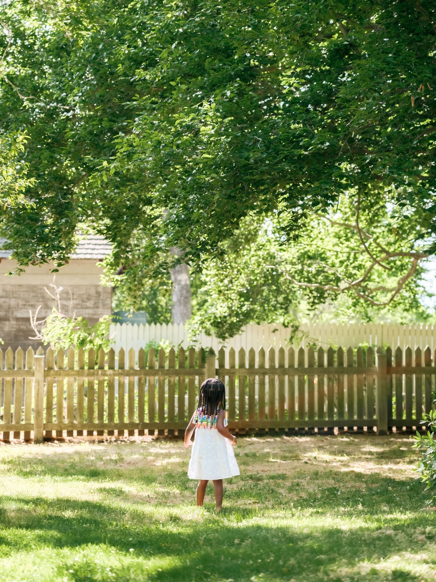 A figure in a white dress stands under lush green trees by a wooden picket fence in a sunny backyard.