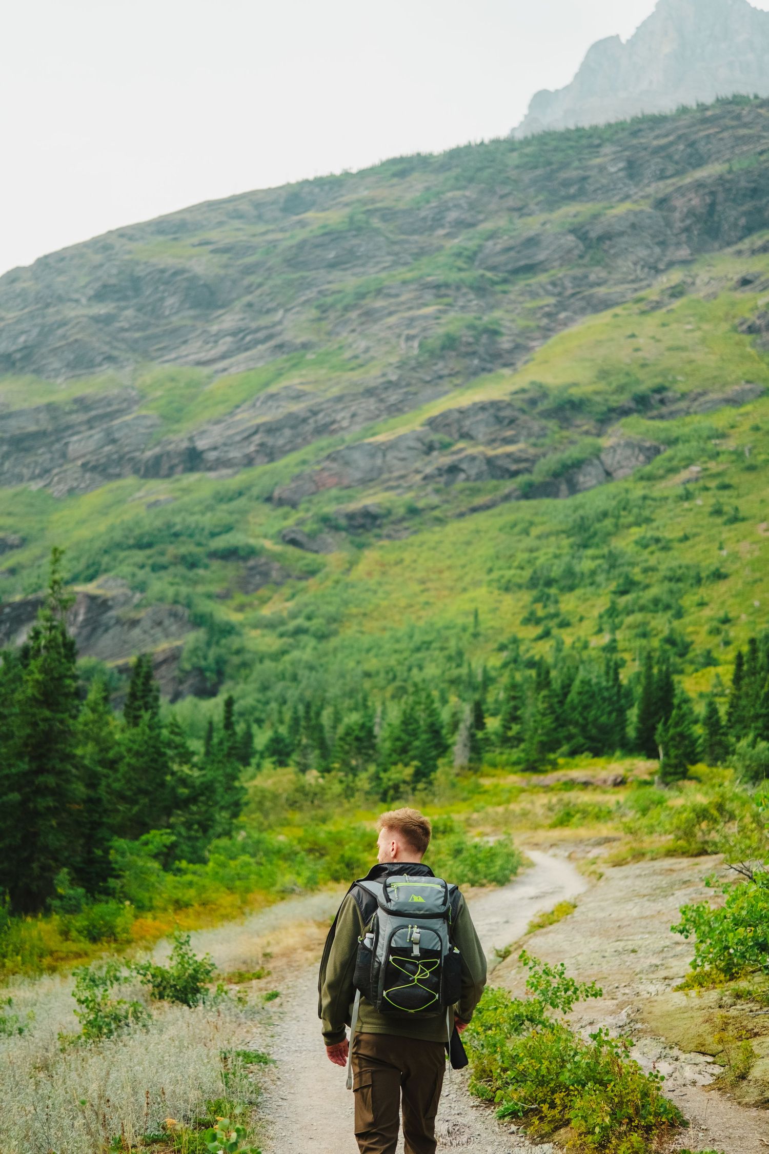 Hiker with backpack walking along a scenic mountain trail surrounded by lush green slopes and alpine meadows.