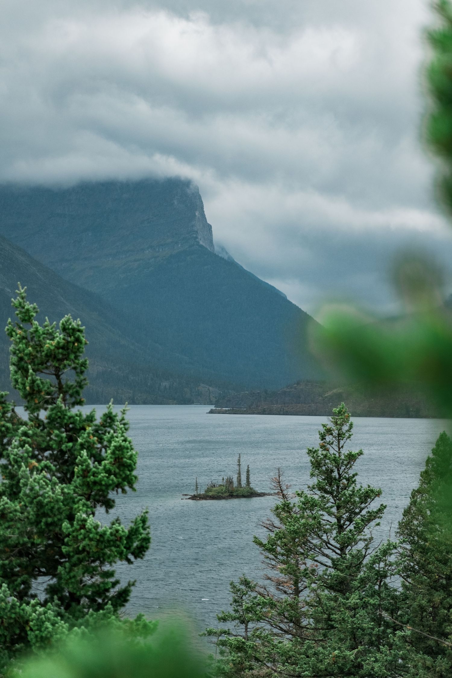 Scenic sequence of misty mountain views over a tranquil bay with green trees in the foreground and moody cloudy skies.