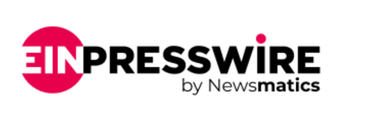 A red and black EINPresswire by Newsmatics logo design with white background.