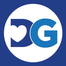 A circular blue and white logo featuring the letters DG with a heart shape incorporated into the design.