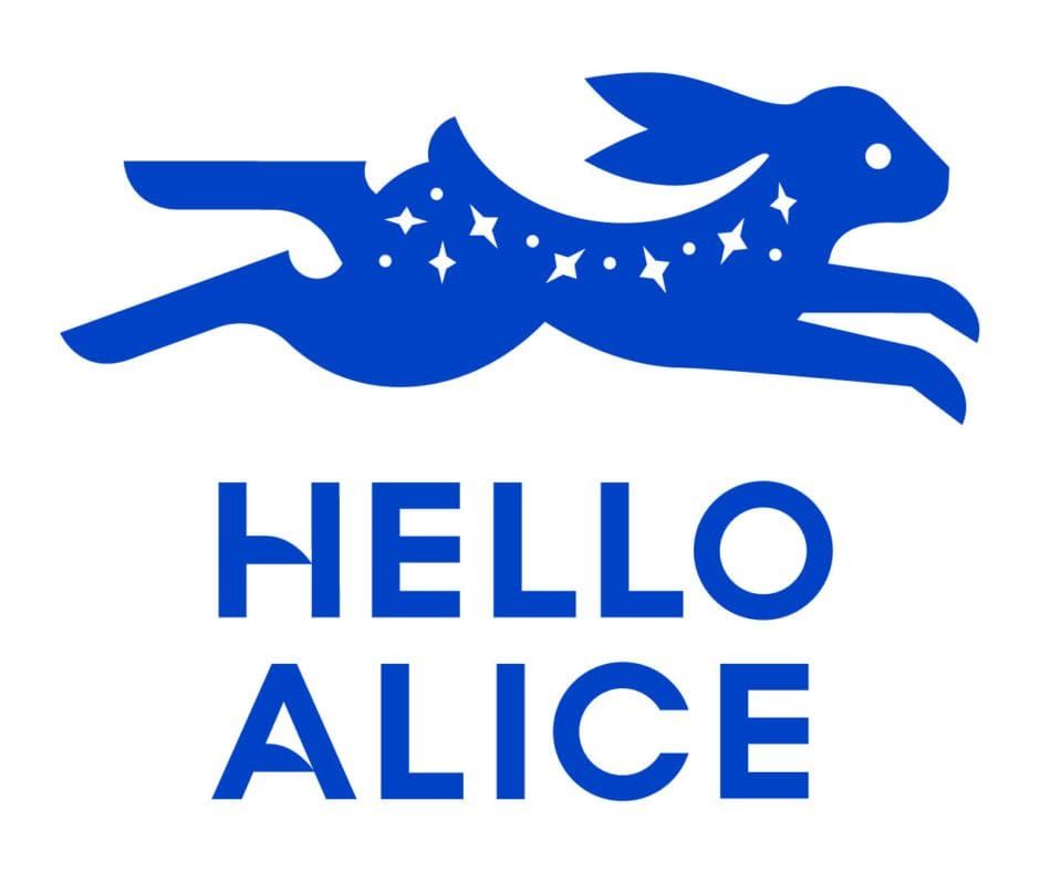 Blue illustrated jumping rabbit logo with stars and text reading Hello Alice.