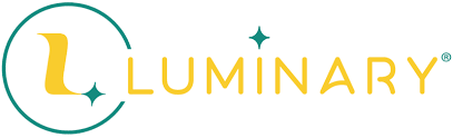 Teal and yellow logo design for Luminary featuring an L with sparkle elements.