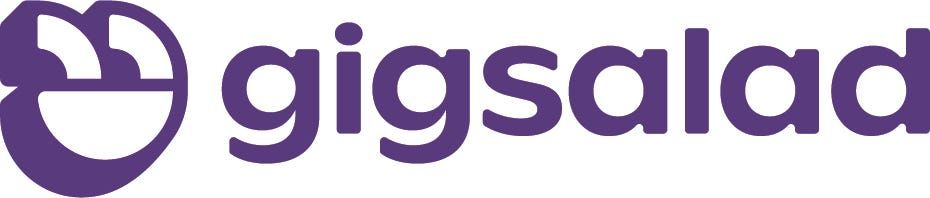 A purple and white Gigsalad logo design with curved text and circular elements.
