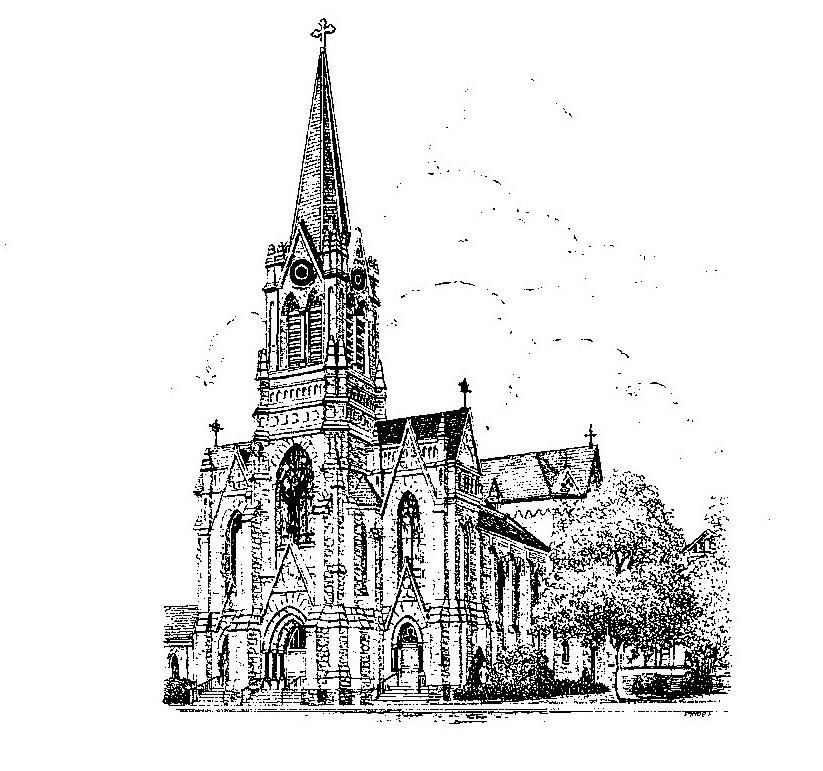 Three vintage architectural sketches showing different views of a Gothic Revival church with tall spires and ornate details.