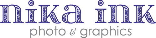 Nika Ink photo and graphics logo with elegant blue ornate lettering and gray subtitle text.