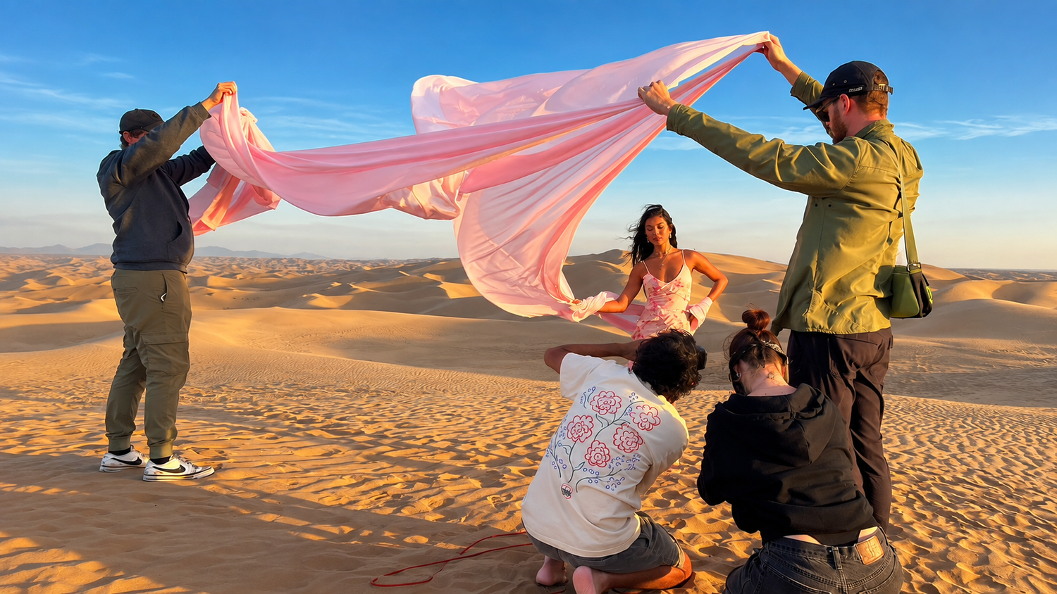 Group photographing a woman in a pink flowing fabric on golden sand dunes at sunset in the desert.